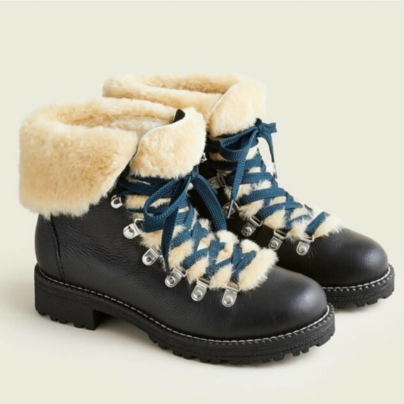J. Crew Shoes - NEW J. Crew Nordic Lace Up Black Leather Shearling Fur Boot